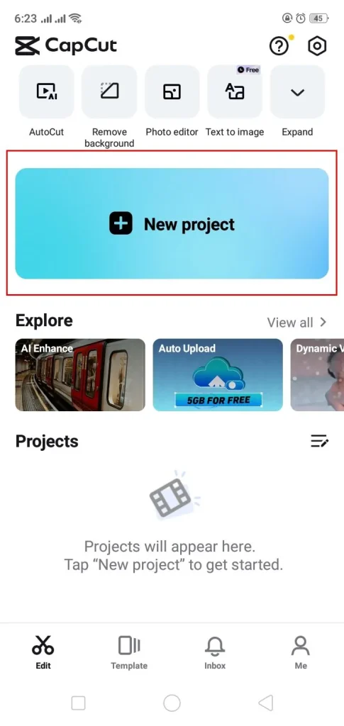 new project option on capcut mobile
